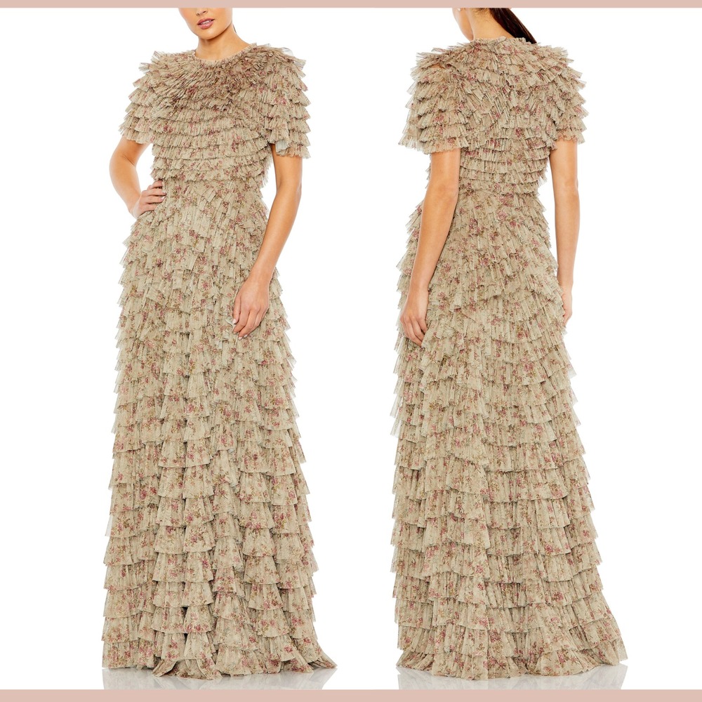 NWT Mac Duggal [ 10 ] 8017 Ruffle Tiered Short Sleeve A Line Gown in Ecru #S1933